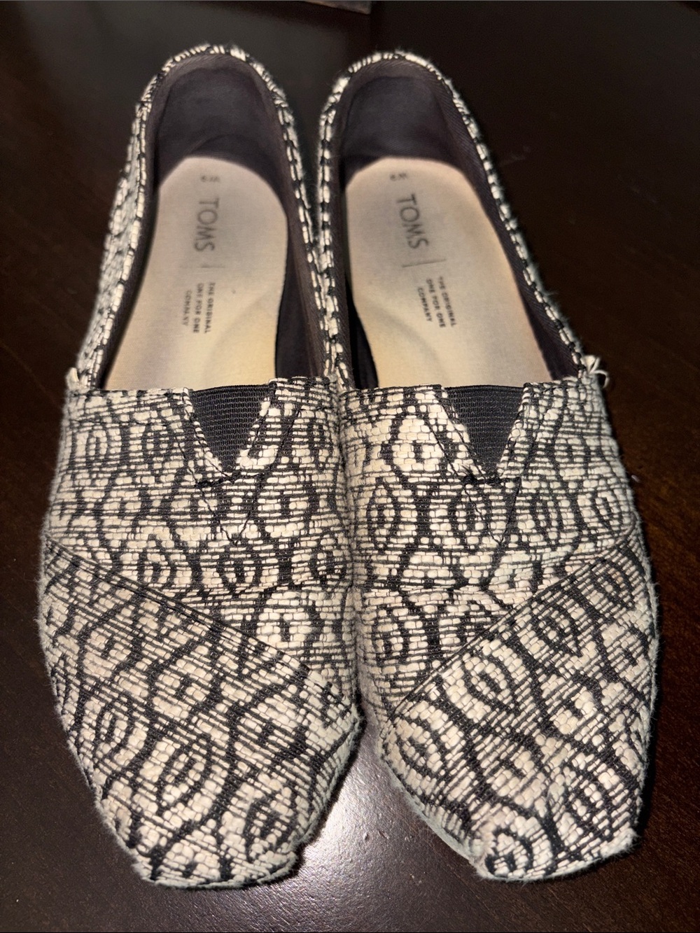 TOMS Black & Cream Patterned Slip-On Alpargata Flats